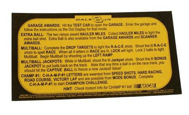 DALE JR. (Stern) Instruction card