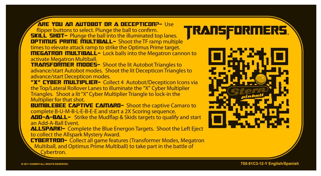TRANSFORMERS PRO (Stern) score card