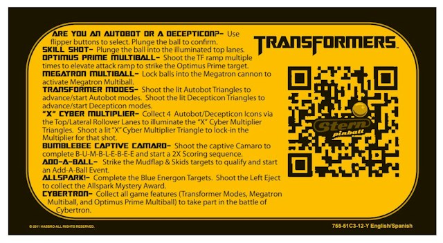 TRANSFORMERS PRO (Stern) score card
