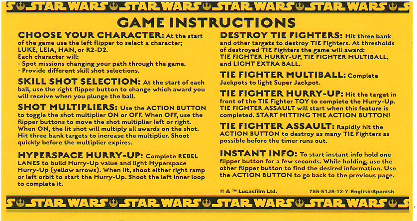 STAR WARS PRO (Stern) Score Card
