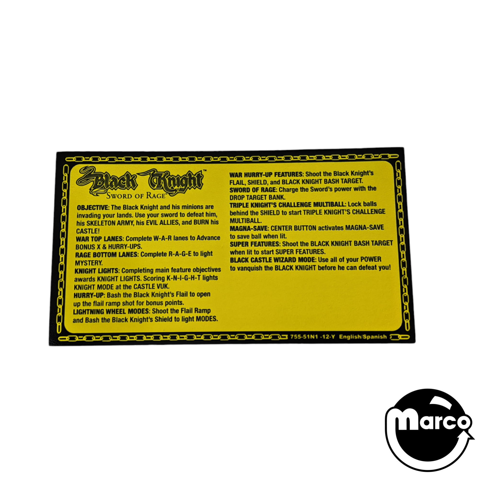 Black Knight SOR (Stern) English & Spanish Score Card