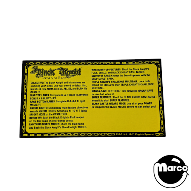 Black Knight SOR (Stern) English & Spanish Score Card