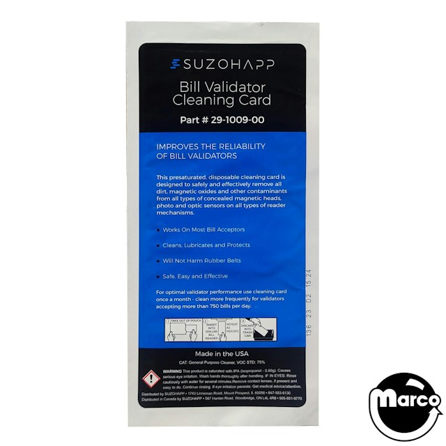 Dollar Bill Acceptor Cleaning Card