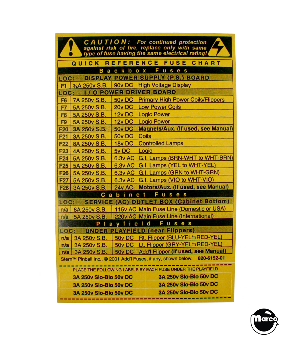 820-6152-01 - Decal - fuses Stern - Marco Specialties Pinball Parts