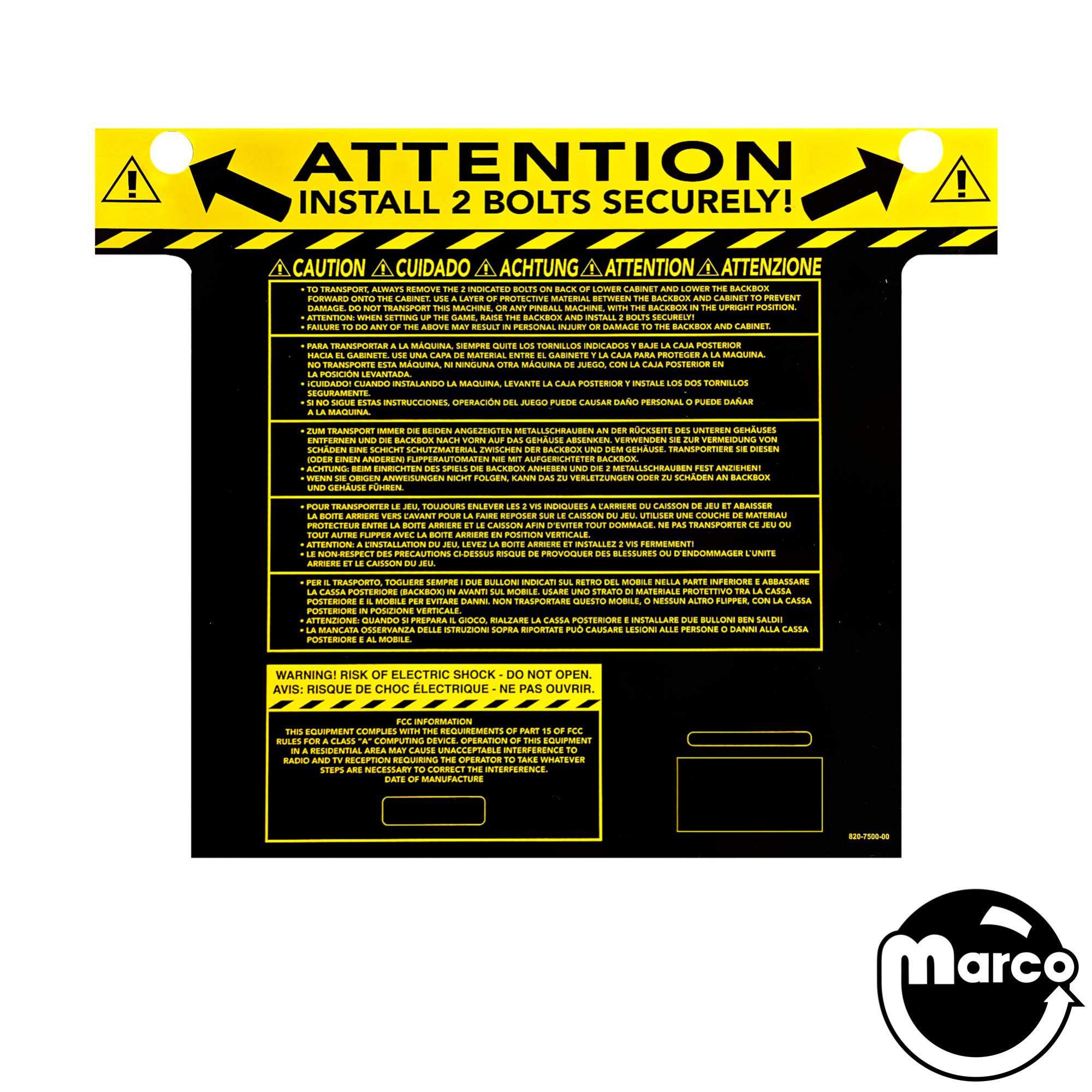 Stern Back Box Warning Decal
