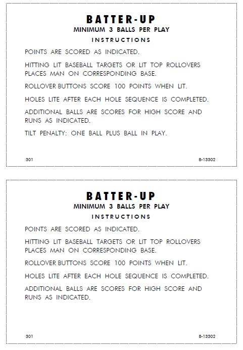 BATTER UP (Gottlieb 1970) Score Cards 8