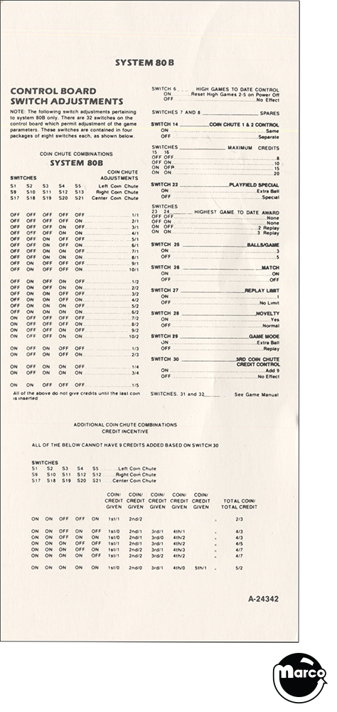 Switch Adjustment Chart Gottlieb System 80B
