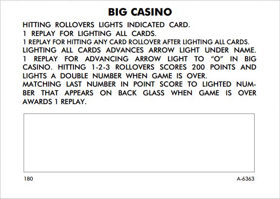 BIG CASINO (Gottlieb) Score cards (16)