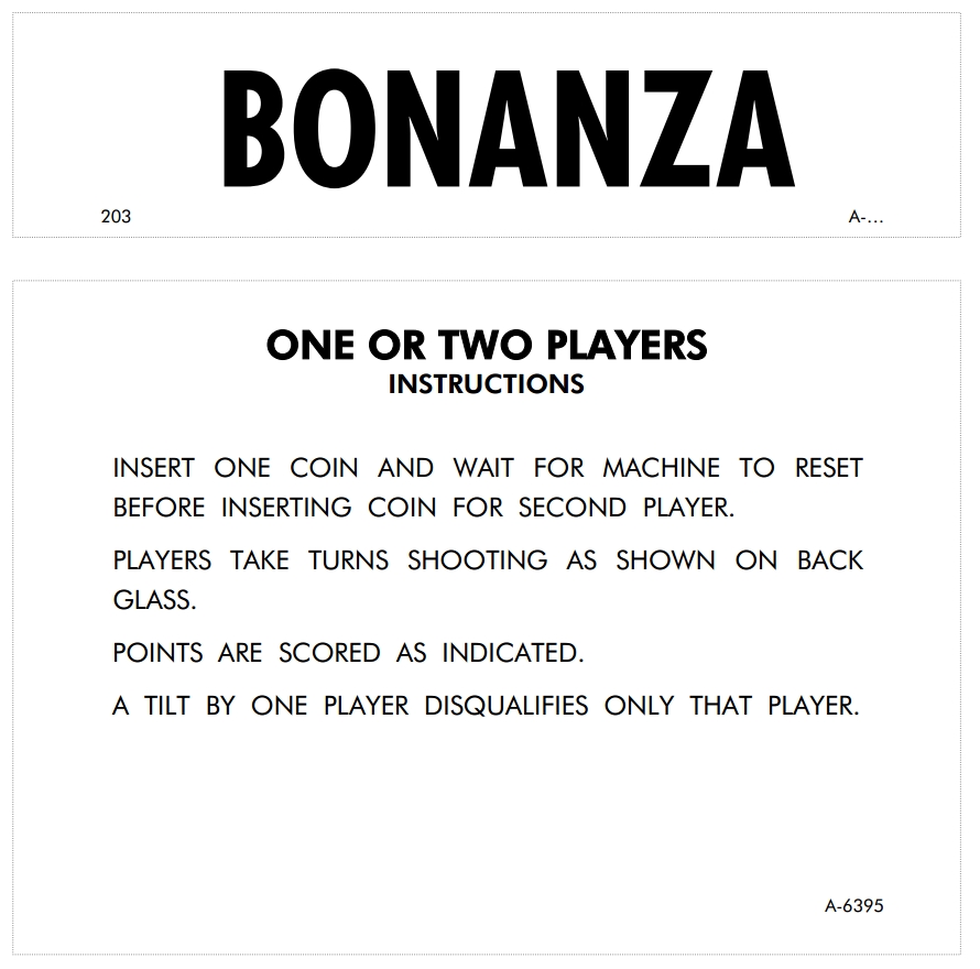 BONANZA (Gottlieb) Score Cards