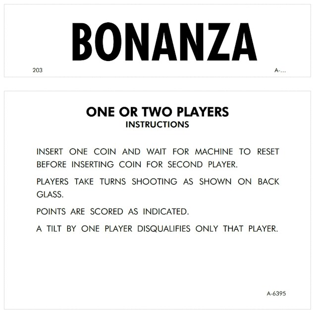 BONANZA (Gottlieb) Score Cards