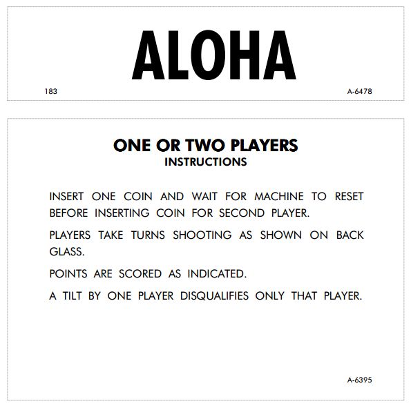 ALOHA (Gottlieb) Score cards