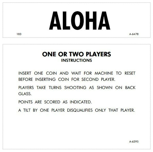 ALOHA (Gottlieb) Score cards
