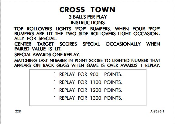 CROSS TOWN (Gottlieb) Score Cards (5)