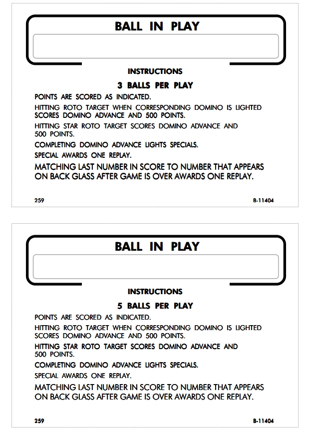 DOMINO (Gottlieb) Score Cards (3)