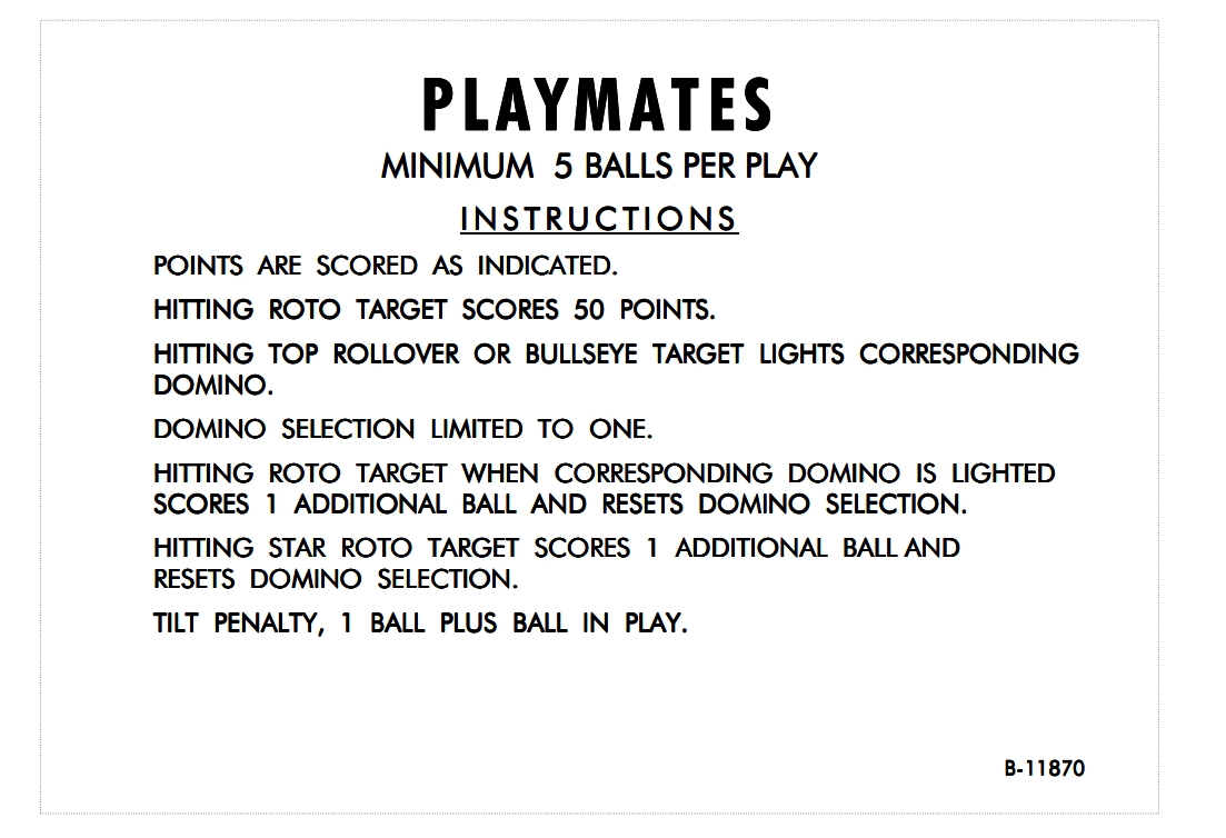 PLAYMATES (Gottlieb) Score Cards