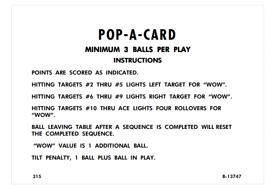 POP A CARD (Gottlieb) Score Cards (6)