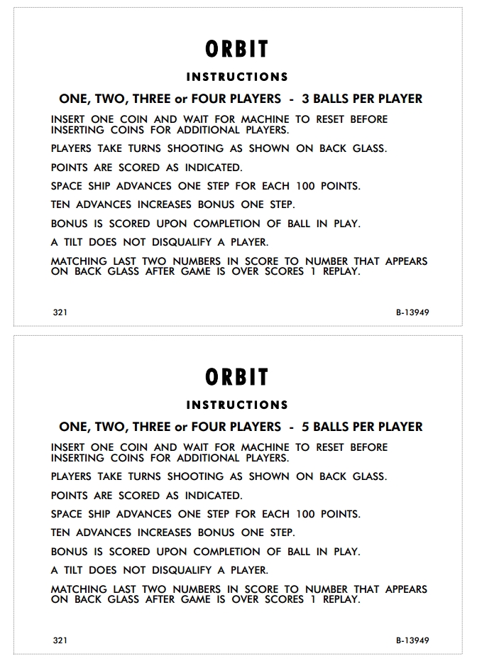 ORBIT (Gottlieb) Score Cards