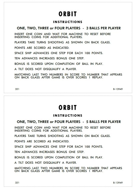 ORBIT (Gottlieb) Score Cards
