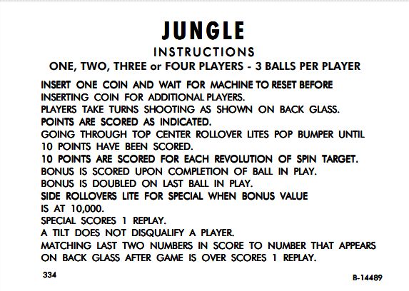 JUNGLE (Gottlieb 1972) Score card set