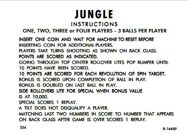 JUNGLE (Gottlieb 1972) Score card set