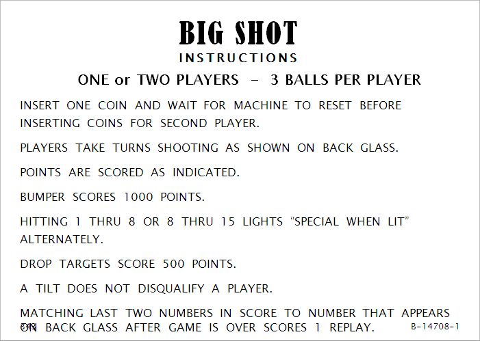 BIG SHOT (Gottlieb) Score Cards