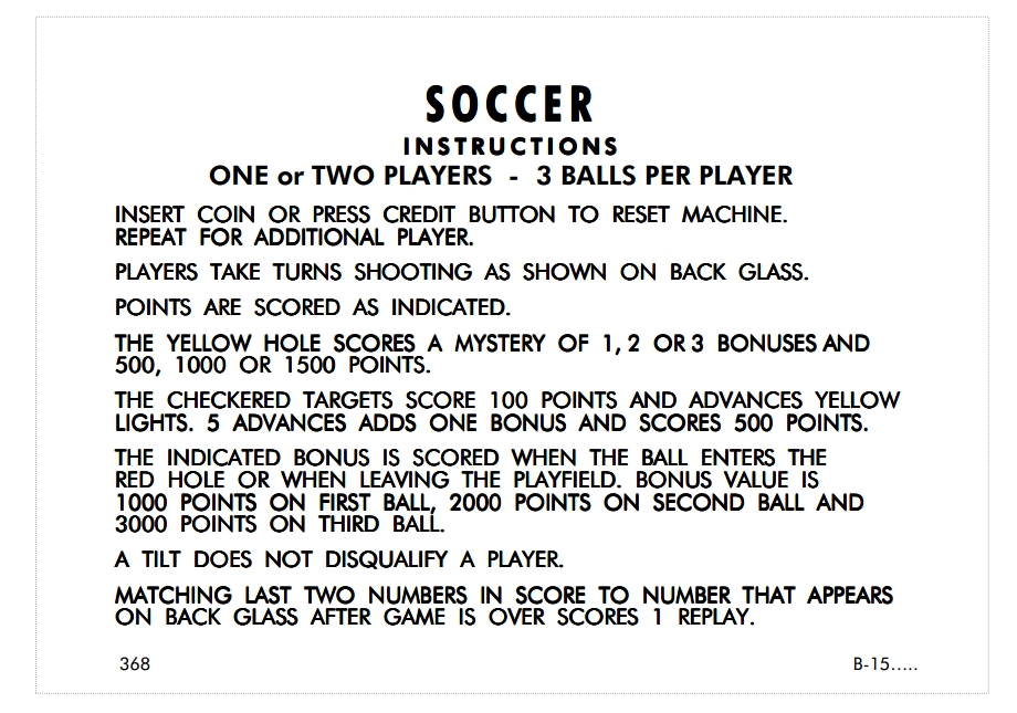 SOCCER (Gottlieb 1975) Score Cards