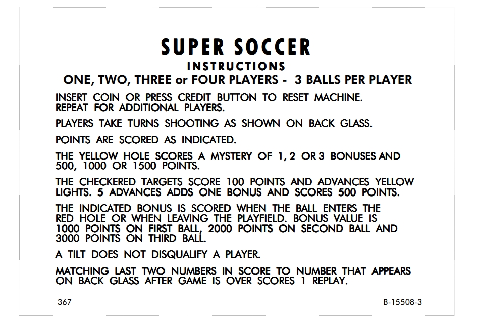 SUPER SOCCER (Gottlieb) Score Card Set