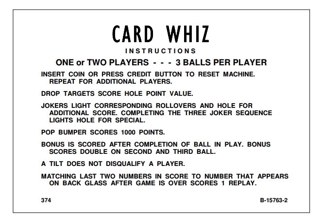 CARD WHIZ (Gottlieb) Score & Instruction Cards