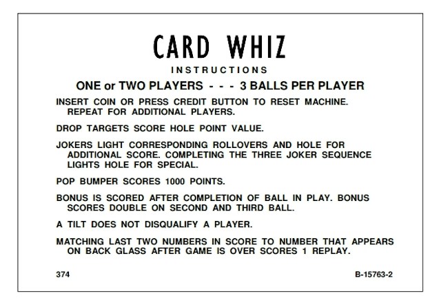 CARD WHIZ (Gottlieb) Score & Instruction Cards