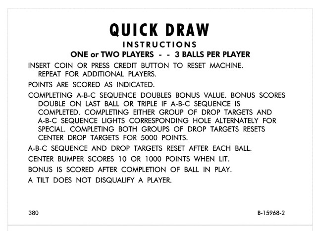 QUICK DRAW (Gottlieb) Score Cards