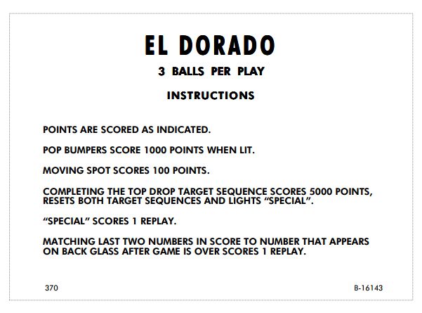 EL DORADO (Gottlieb 1975) Score Cards 7