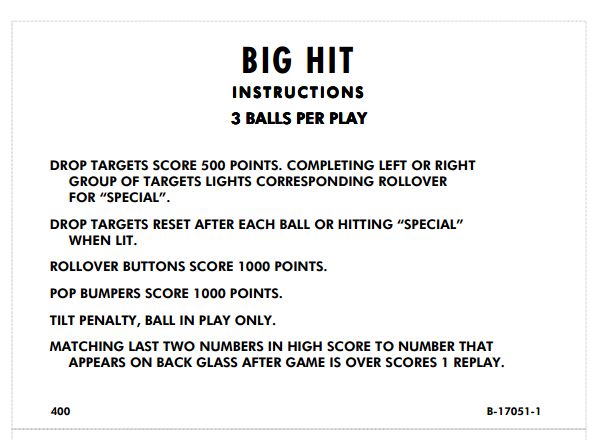 BIG HIT (Gottlieb) Score Cards