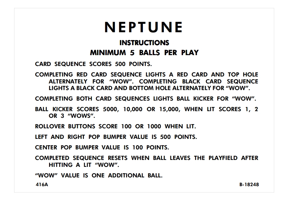 NEPTUNE (Gottlieb) Score Cards (2)
