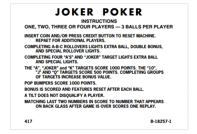 JOKER POKER (Gottlieb) Score card EM