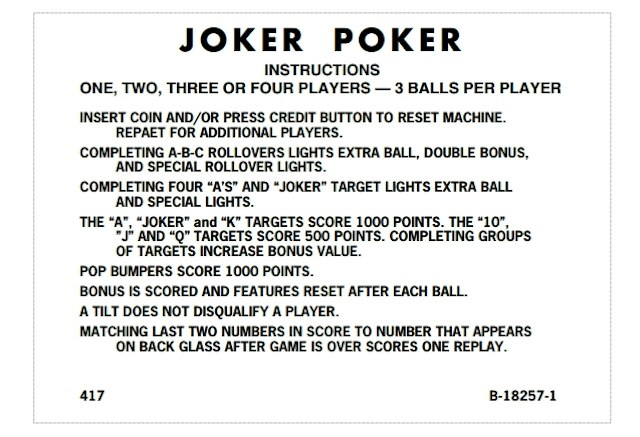 JOKER POKER (Gottlieb) Score card EM