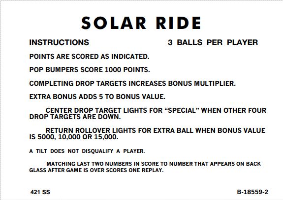 SOLAR RIDE (Gottlieb) Score Cards (6)