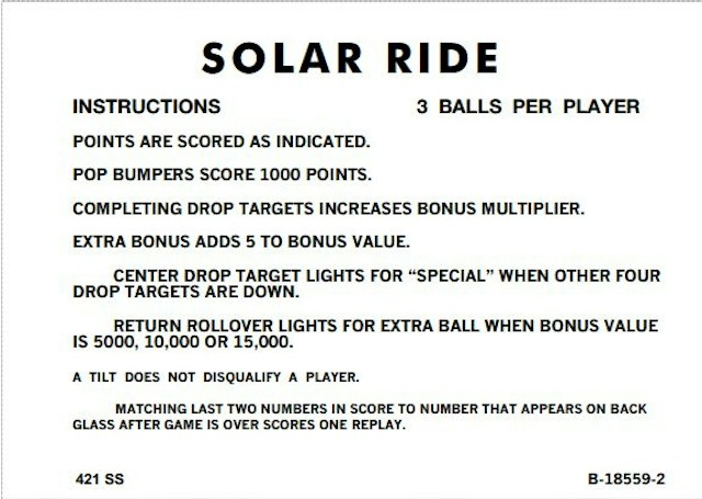 SOLAR RIDE (Gottlieb) Score Cards (6)