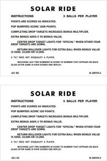 SOLAR RIDE (Gottlieb) Score Cards (6)