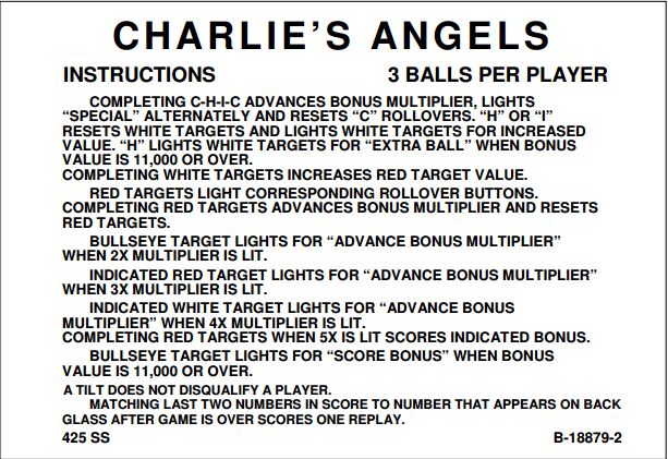 CHARLIES ANGELS (Gottlieb) Score Card