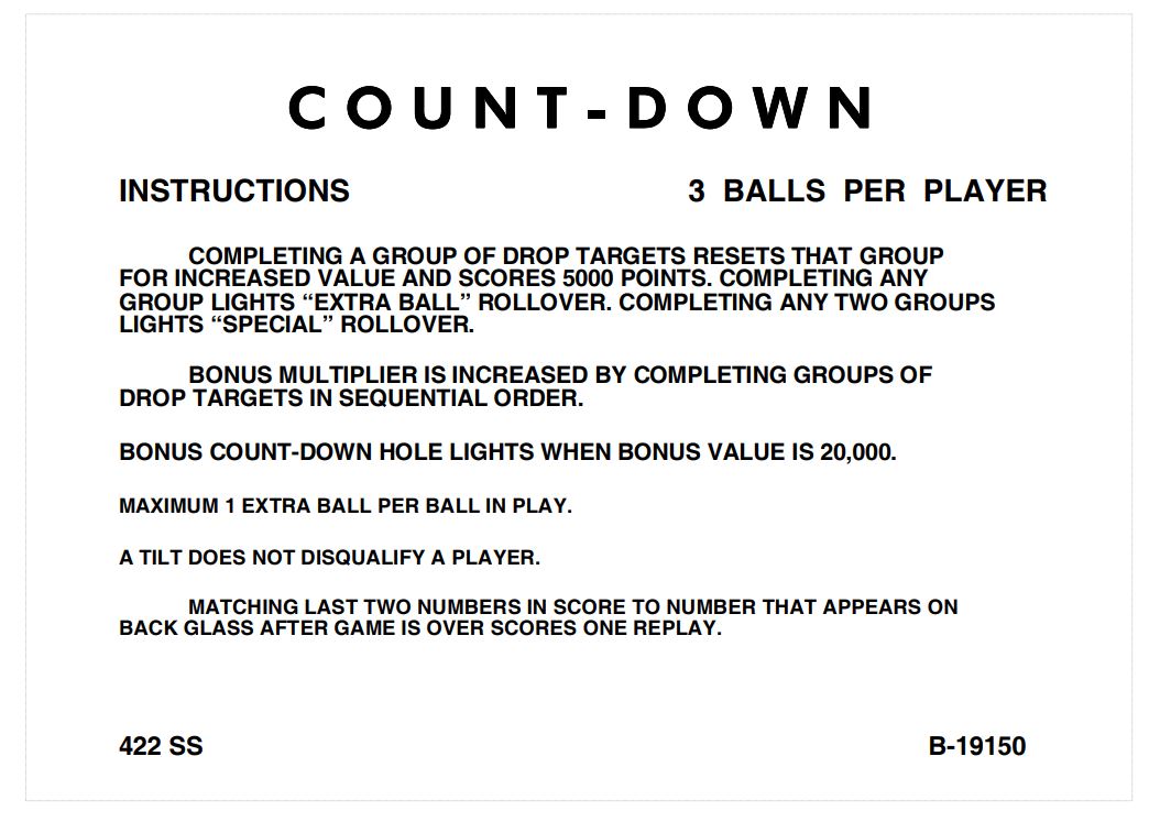 COUNT DOWN (Gottlieb) Score Cards (8)