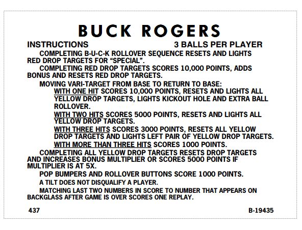 BUCK ROGERS (Gottlieb) Score Cards