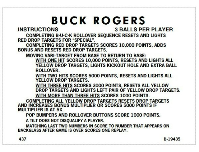 BUCK ROGERS (Gottlieb) Score Cards