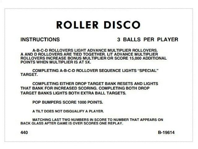 ROLLER DISCO (Gottlieb) Score Cards (6)
