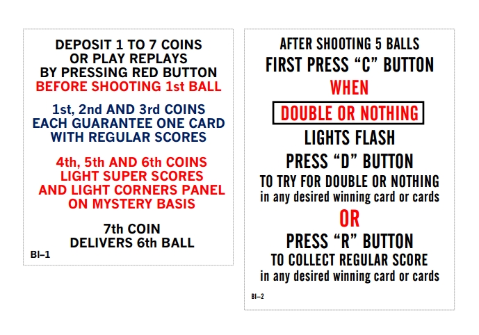 BALI (Bally Bingo) Score cards