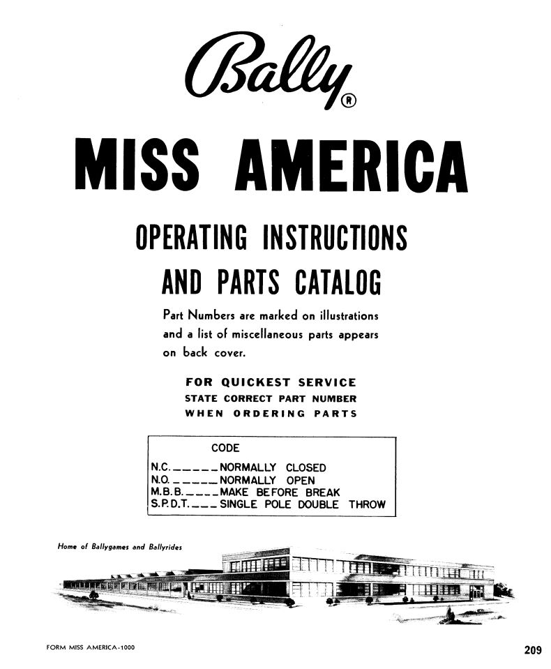 MISS AMERICA (Bally Bingo) Manual & schematic