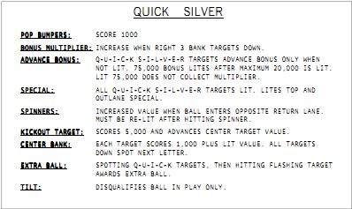 QUICKSILVER (Stern) Score Cards