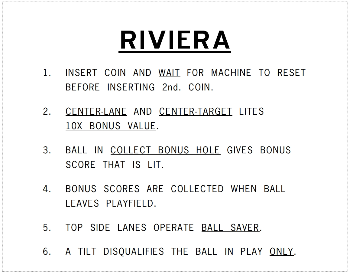 RIVIERA Pinball (Chicago Coin) Score Cards