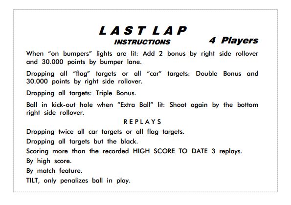 LAST LAP (Playmatic) Score Card