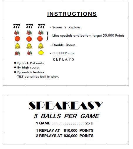 SPEAKEASY (Playmatic) Score Cards (3)