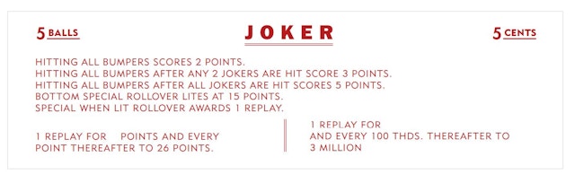 JOKER (Gottlieb 1950) Score card
